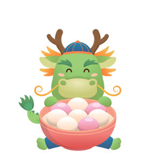 Cute dragon character or mascot, glutinous rice dumpling with glutinous rice balls for Lantern Festival or Winter Solstice, Asian sticky rice sweet food, vector cartoon style