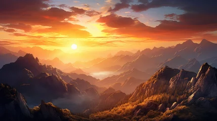 Foto op Canvas sun outdoor scenery sunrise landscape illustration mountain fog, morning peak, view background sun outdoor scenery sunrise landscape © sevector