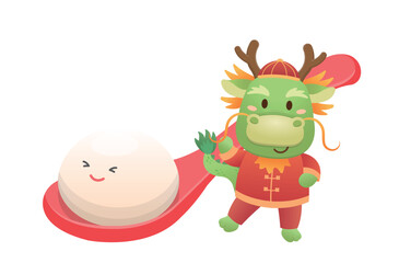 Cute dragon character or mascot, glutinous rice dumpling with glutinous rice balls for Lantern Festival or Winter Solstice, Asian sticky rice sweet food, vector cartoon style