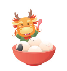 Naklejka premium Cute and playful dragon character or mascot with glutinous rice balls for Lantern Festival or Winter Solstice, Asian sticky rice sweet food, vector cartoon style