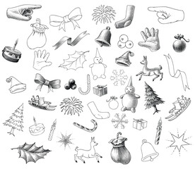 Christmas elements hand drawing vintage style black and white clip art - 675138101