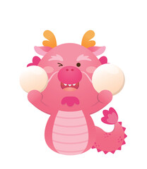 Cute and playful dragon character or mascot with glutinous rice balls for Lantern Festival or Winter Solstice, Asian sticky rice sweet food, vector cartoon style
