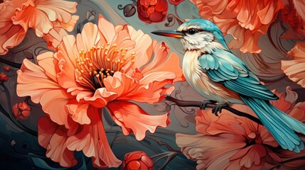  a painting of a bird sitting on a branch with a flower in the foreground and another bird sitting on a branch with a flower in the background.  generative ai