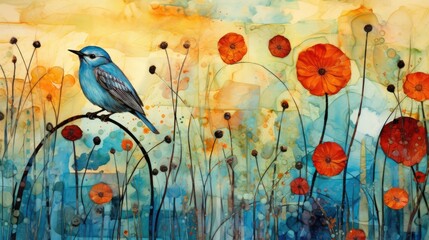  a painting of a blue bird sitting on a branch in a field of red poppies and yellow poppies.  generative ai