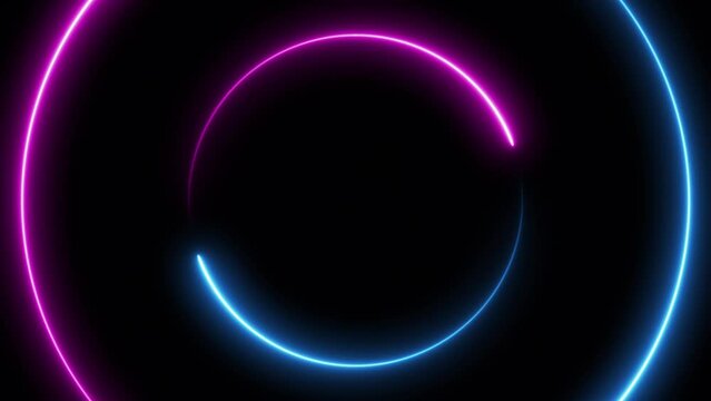 Abstract blue pink neon glowing circle frame, animated moving led light screen ring projection 3d rendering, space border presentation design background, futuristic laser line loop tunnel backdrop