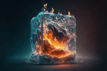 AI generated illustration of an ice cube burning from inside - obrazy, fototapety, plakaty