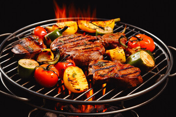 Barbecue grill with delicious meat and vegetables. Summer vacation and grilling with the family. BBQ picnic delicious meal.