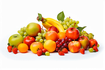 Collection of fruit on white background. Food products representing the food pyramid. Healthy lifestyle, wholefoods and a balanced diet.