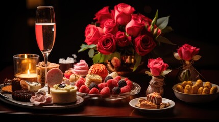  a table topped with a plate of food and a glass of wine next to a vase of roses and a plate of desserts.  generative ai