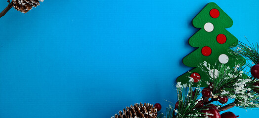 Christmas composition and new year 2023 concept. Beautiful holiday decorations on blue background