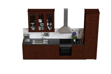 modern kitchen isolated on white background, home furniture, 3D illustration, cg render
