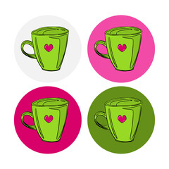 Vector color cup icon. Pin. A cup of tea, a cup of coffee with a heart icon. Ceramic Cup
