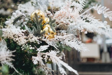 christmas decoration background. Pine tree with artificial snow and bobbles