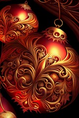 AI generated illustration of red and gold ornate sphere Christmas tree ornaments