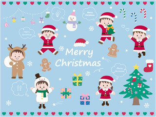 かわいい飾りと子供達のクリスマスイラストセット。ベクター、男の子、女の子、雪だるま、トナカイ	