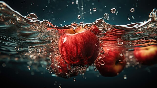  a close up of an apple in the water with a splash of water on the top and bottom of it.  generative ai