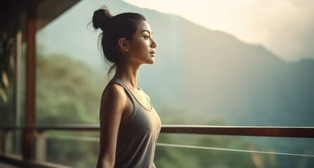 An Asian woman meditates with mountains view. Girl tries to relax. Wears sport suit. Yoga and fitness concept. Sunset or sunrise time. Ai generative.