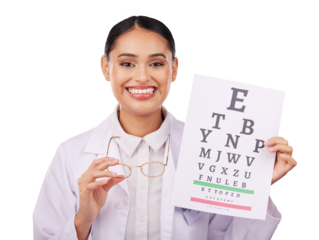Portrait, glasses and eye test of woman, optometrist and isolated on transparent png background. Face, smile and ophthalmologist with snellen chart for medical exam, vision text or eyesight of doctor