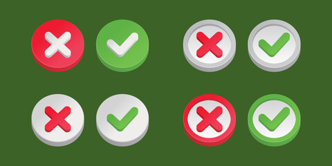 3d check mark and cross symbol button collection in flat style