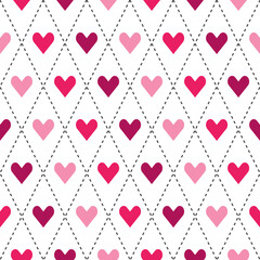 Pink shade argyle pattern with heart inside. Argyle vector pattern. Argyle pattern. Seamless geometric pattern for clothing, wrapping paper, backdrop, background, gift card, sweater.