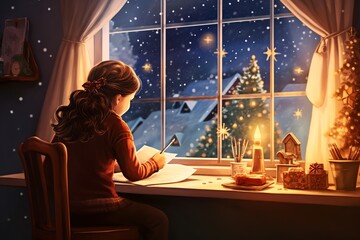 illustration of a little girl writes a letter to Santa Claus - obrazy, fototapety, plakaty