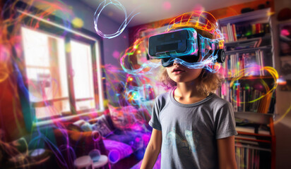 A kid wears a VR headset stands in a room, illuminated by neon light. Concept of a metaverse virtual world. Augmented reality technology idea. Ai generative