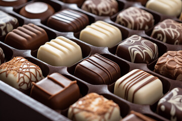 Delectable Chocolate Assortment: Rows of Sweet Delights in a Gift Box. Close-up of Gourmet Milk Chocolate Treats, Caramel, and Pralines - The Ultimate Confectionery Present.