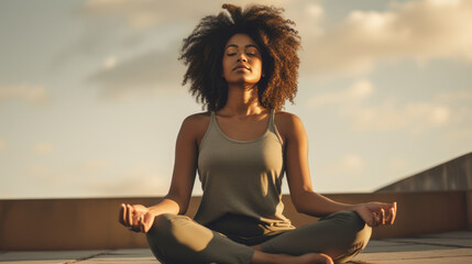 Black Woman with curly hair practicing yoga, meditating in lotus position. Ai generative. - obrazy, fototapety, plakaty
