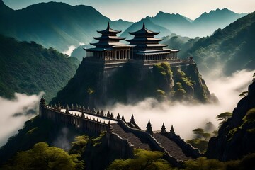 A majestic, ancient temple perched atop a mist-covered mountain, with ornate