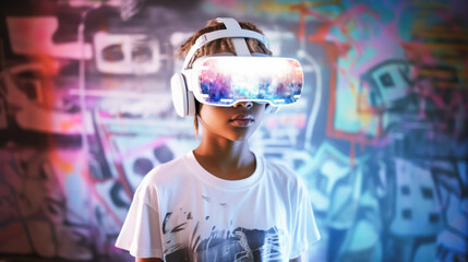 A girl kid wearing VR headset, stands in living room, enjoying a virtual reality experience with joy. Neon room. Concept of future tech. Ai generative