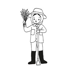 Thai farmer cartoon, outline drawing vector