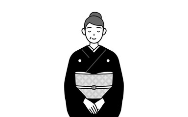 New Year's greeting and weddings, Senior woman in kimono bowing with folded hands.