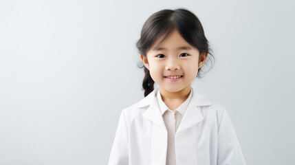 Asian Girl child in doctor scrub on white background. Copy Space for text. Ai generative
