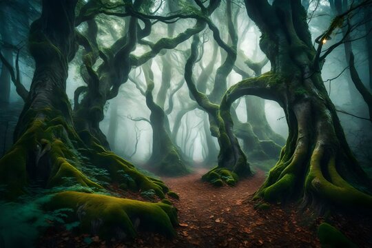 An Enchanting, Misty Forest With Ancient, Twisted Trees And A Mysterious, Glowing Path Leading Deeper Into The Woods. The Air Is Filled With Magic And Wonder. --