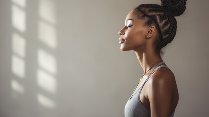 A woman with closed eyes, meditates in yoga studio. Sport, fitness, wellness concept. Ai generative