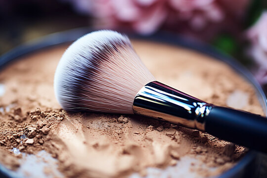 Makeup brush on a pile of powder on a blur background, side view. Makeup concept. Generated by artificial intelligence
