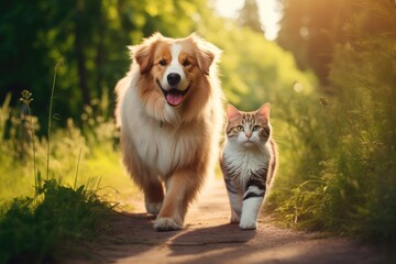 Furry friends cat and dog walking. Generative AI