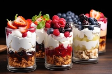 Dessert in a glasses with berries. Healthy organic breakfast or snack concept. Generative AI