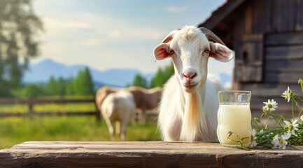 Glass of natural fresh milk on table with goat and green field farm landscape view. Generative AI