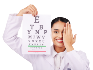 Portrait, test and eye chart of woman, optometrist and isolated on transparent png background. Face, smile and ophthalmologist with snellen exam for medical vision, text or eyesight health of doctor