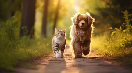 Furry friends cat and dog walking. Generative AI - obrazy, fototapety, plakaty