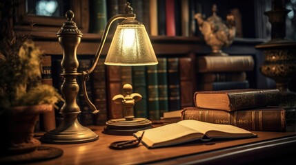 A lamp on a table in an old library. Generative AI
