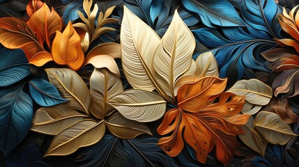  a close up of a bunch of leaves on a surface of blue, orange, yellow and brown color scheme.  generative ai