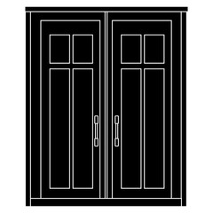 Double doors silhouette with glass windows isolated on white background. Clipart.