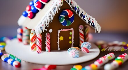 A gingerbread house decorated with icing and candy