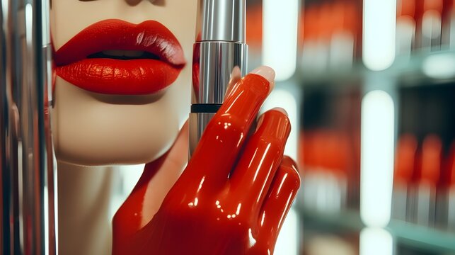 Beautiful woman lip balm red lipstick on mouth

