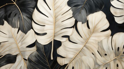  a close up of a black and white wallpaper with a pattern of large, leafy, black and white leaves.  generative ai