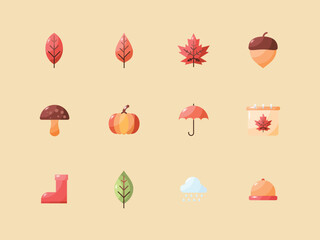 Autumn special shine flat icon set. 12 autumn icon set with shiny flat style