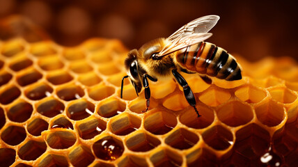 A bees on a honeycomb full of honey - obrazy, fototapety, plakaty