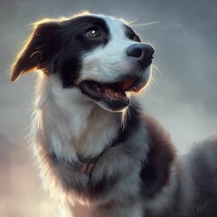 AI generated illustration of a cute dog with it mouth open on a gray background